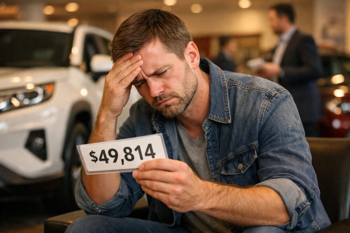 Frustrated American man at car dealership looking at average car payment USA 2026 price tag, financial stress concept