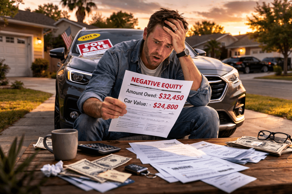 negative equity car loan usa 2026: Frustrated car owner looking at letter showing they owe more than car value