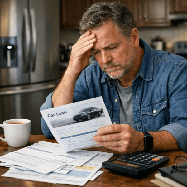 average monthly car payment usa 2026: Stressed American man calculating car loan payments at kitchen table