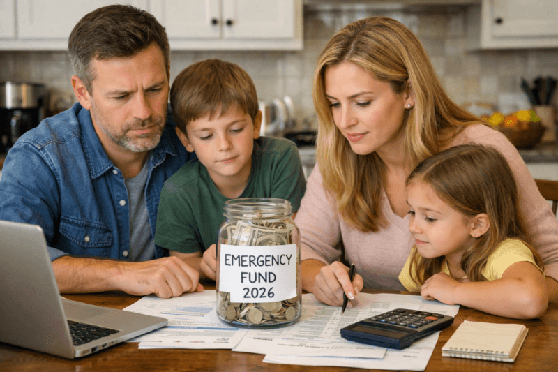 How Much Emergency Fund Do You Really Need in 2026? (The $5,400 Answer) 1 emergency fund amount 2026: American family sitting at kitchen table looking at savings jar and budget papers, planning financial security and emergency savings