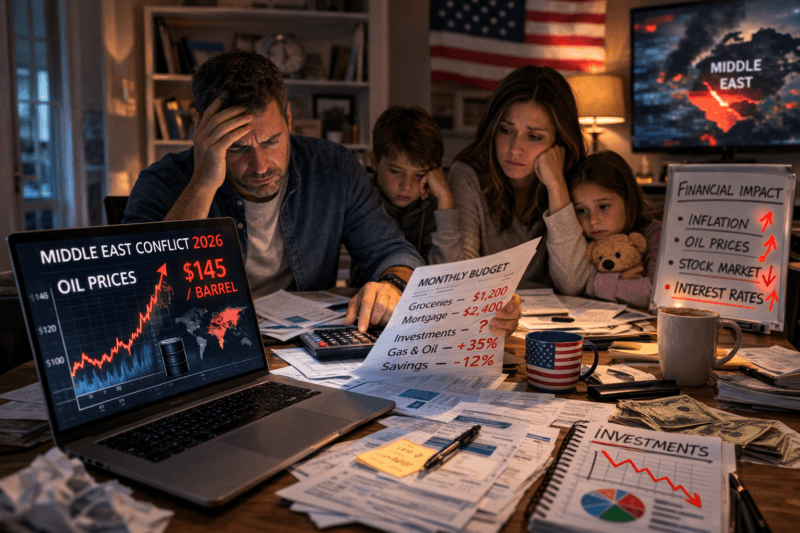 Middle East Conflict 2026: A US Financial Guide to Protect Your Money & Investments 1 middle east conflict financial impact 2026: American family reviewing budget and investments at home, oil prices chart on laptop screen