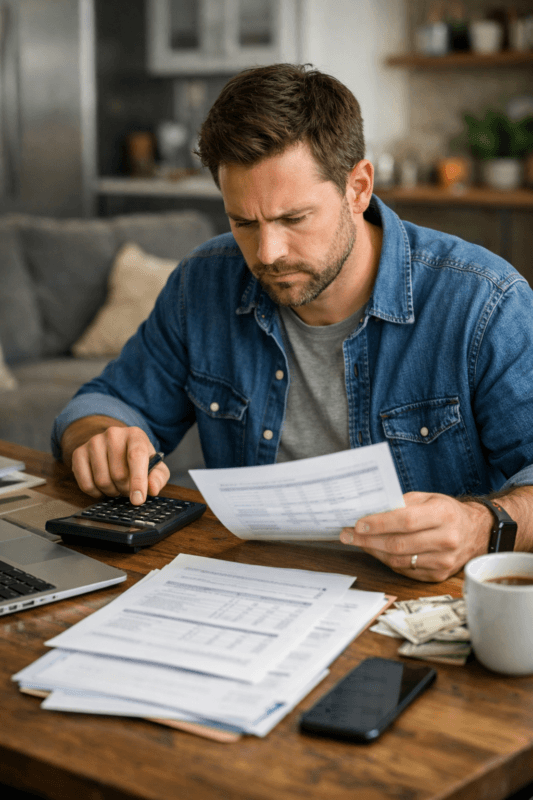 debt to income ratio 2026: American man looking at financial documents and calculator, calculating monthly income vs debt payments for loan application