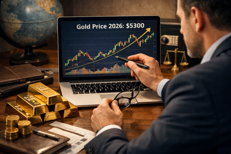 gold price 2026 $5300: American investor analyzing gold chart on laptop with physical gold bars on desk, planning safe haven investment strategy