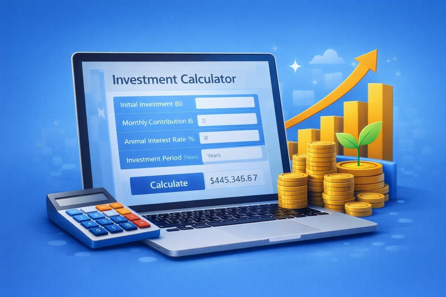 Investment Calculator USA on laptop screen showing estimated returns and growth