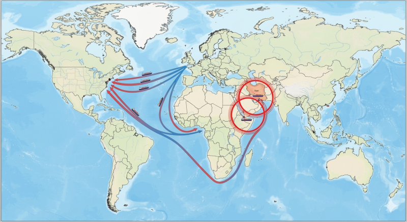 Maritime chokepoints impact US economy: Map showing Strait of Hormuz and Bab el-Mandeb with red circles, illustrating how Middle East instability affects American gas prices and inflation