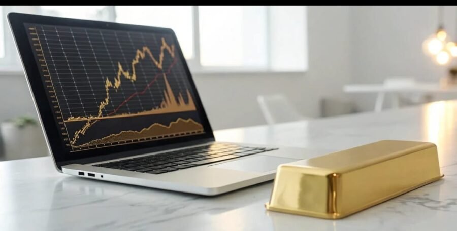 gold price 2026 usa: American investor analyzing gold chart on laptop with physical gold bars, safe haven investment concept