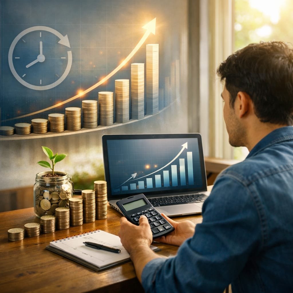 compound interest benefits: Person watching savings grow over time with charts and calculator, demonstrating power of starting early