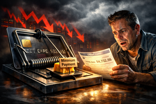 A stressed American consumer caught in the dangerous 2026 credit card minimum payment trap during a financial crisis