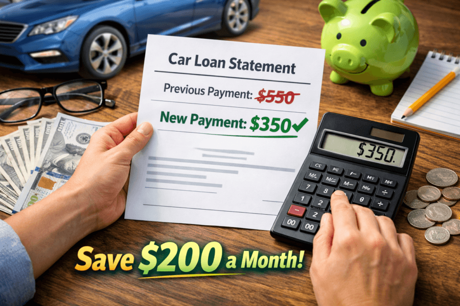 lower your monthly car payment: Person looking at car loan statement with calculator and money, saving $200 on monthly payment