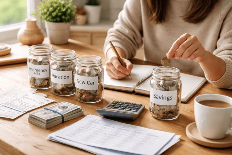save money fast 2026: Person organizing budget and savings jars at home, planning to reduce expenses and build savings