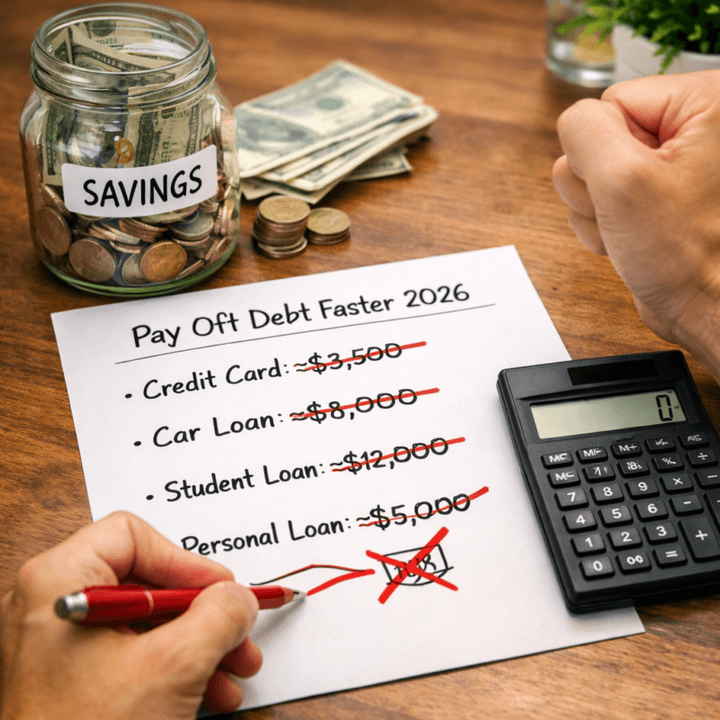 pay off debt faster 2026: Person crossing out debt balances on paper with calculator and savings jar, celebrating financial progress
