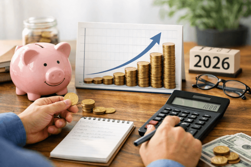 How Much Do You Need to Save for Retirement? A Simple Guide 1 retirement savings 2026: Person planning for future with piggy bank, calculator, and growth chart showing compound interest benefits