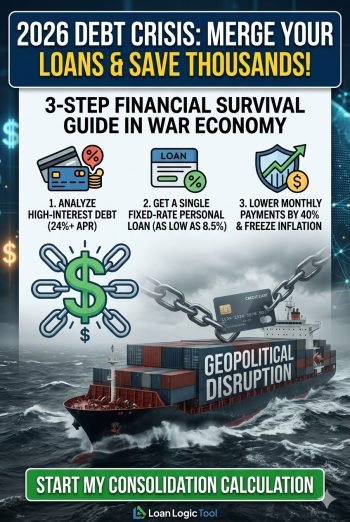 2026 debt consolidation and global shipping crisis financial infographic: A credit card, high-interest rate icons, and a consolidated loan with lower interest (AS LOW AS 8.5%) and a rising dollar sign. Background: A dramatic stormy ocean with a container ship FIGHTING against turbulent grey waves with large yellow text '2026 DEBT CRISIS: MERGE YOUR LOANS & SAVE THOUSANDS!'. Professional serious urgent personal finance guide for Loan Logic Tool.